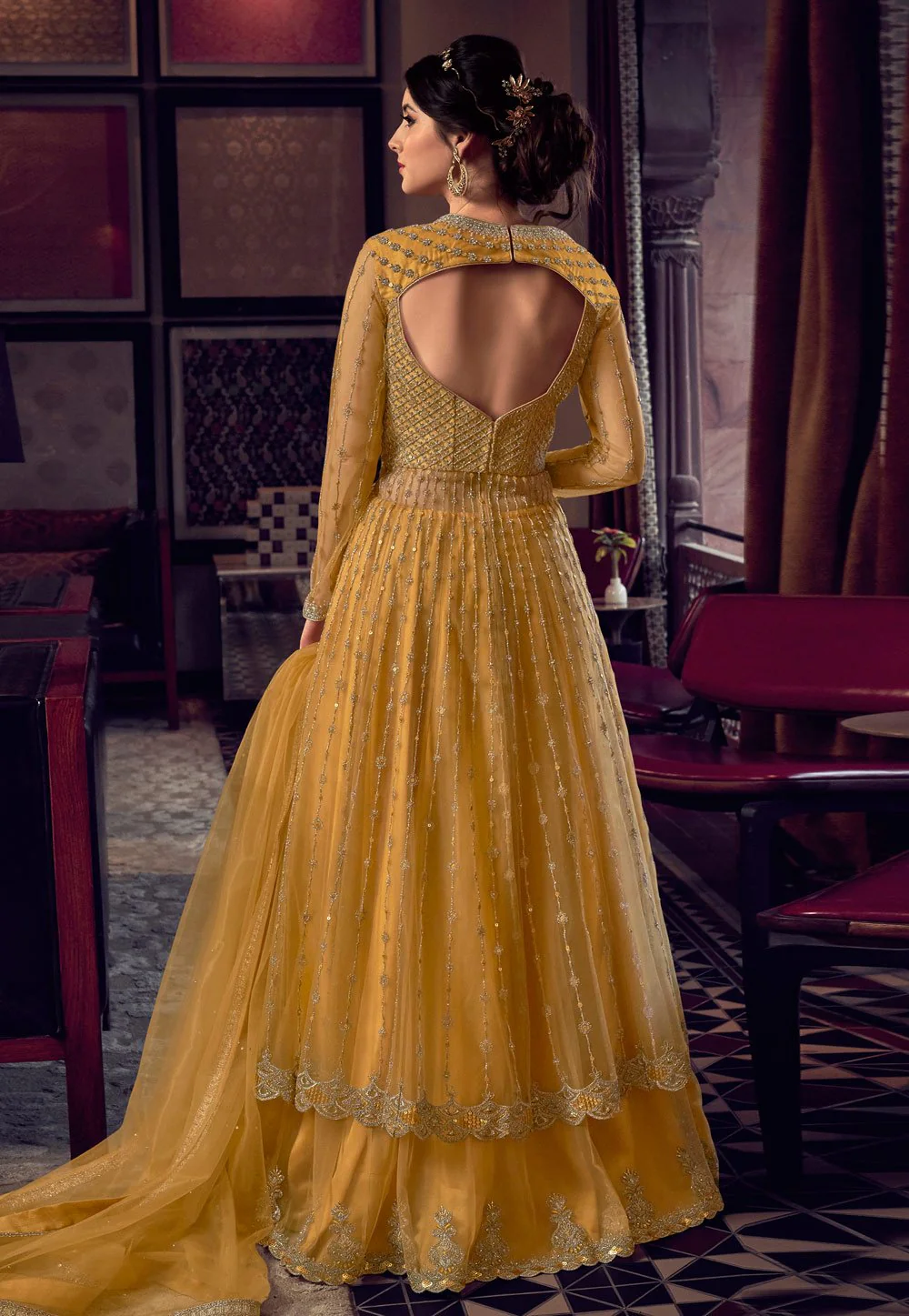 Tempting Yellow Net Embroidered Designer Anarkali Suit - Image 3