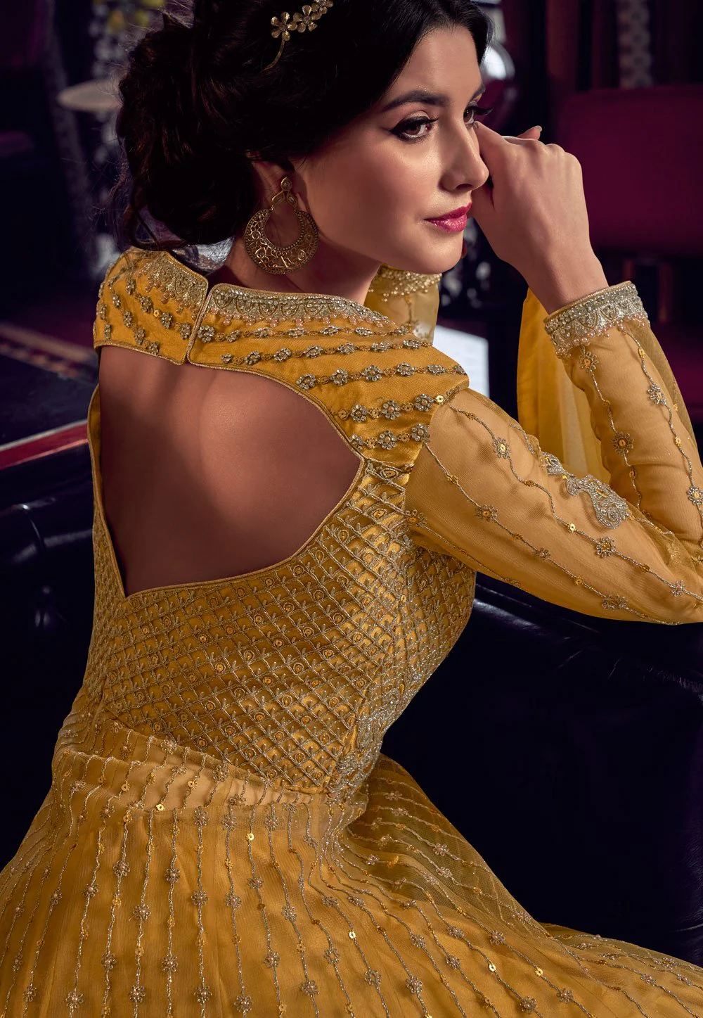Tempting Yellow Net Embroidered Designer Anarkali Suit - Image 4