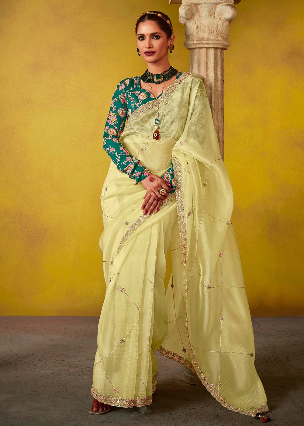 Tempting Yellow & Teal Fancy Silk Festive Wear Saree