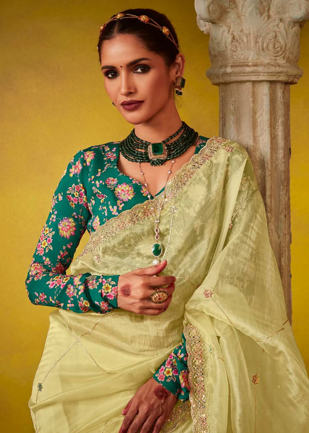 Tempting Yellow & Teal Fancy Silk Festive Wear Saree - Image 2