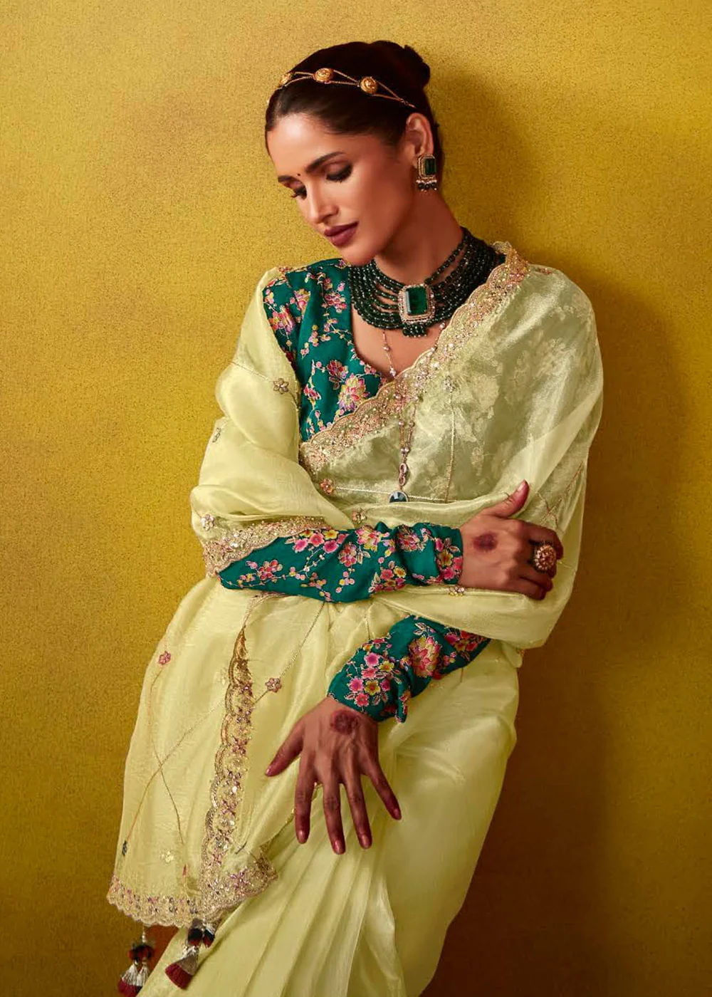 Tempting Yellow & Teal Fancy Silk Festive Wear Saree - Image 4