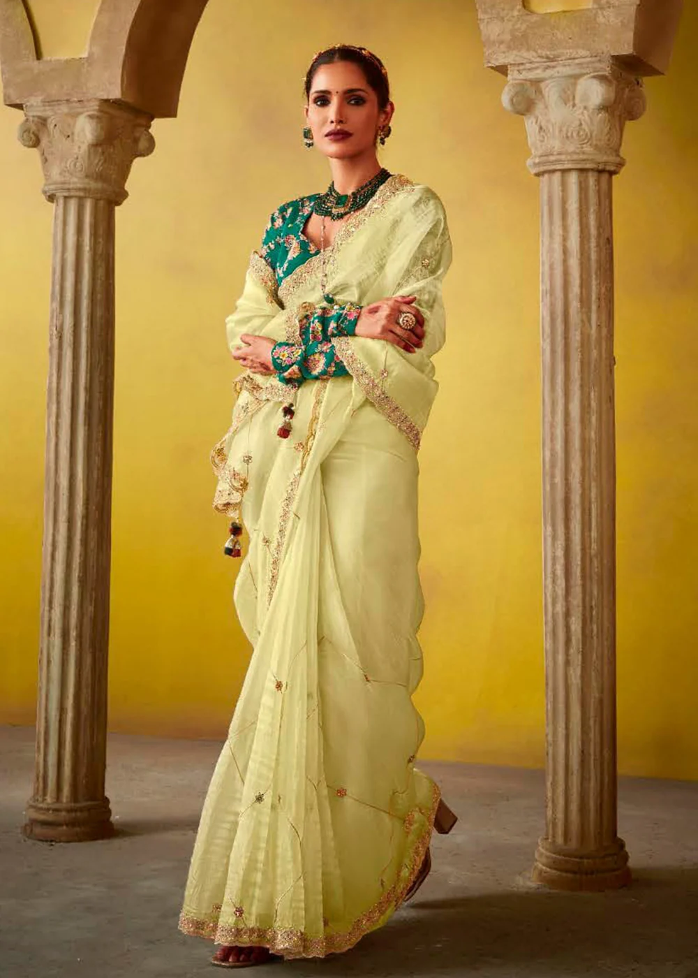 Tempting Yellow & Teal Fancy Silk Festive Wear Saree - Image 5