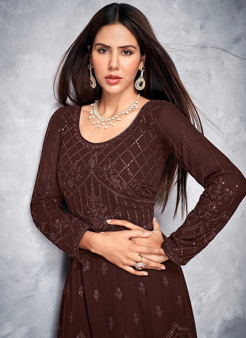 Thread Embroidered Brown Georgette Anarkali Suit - Image 2