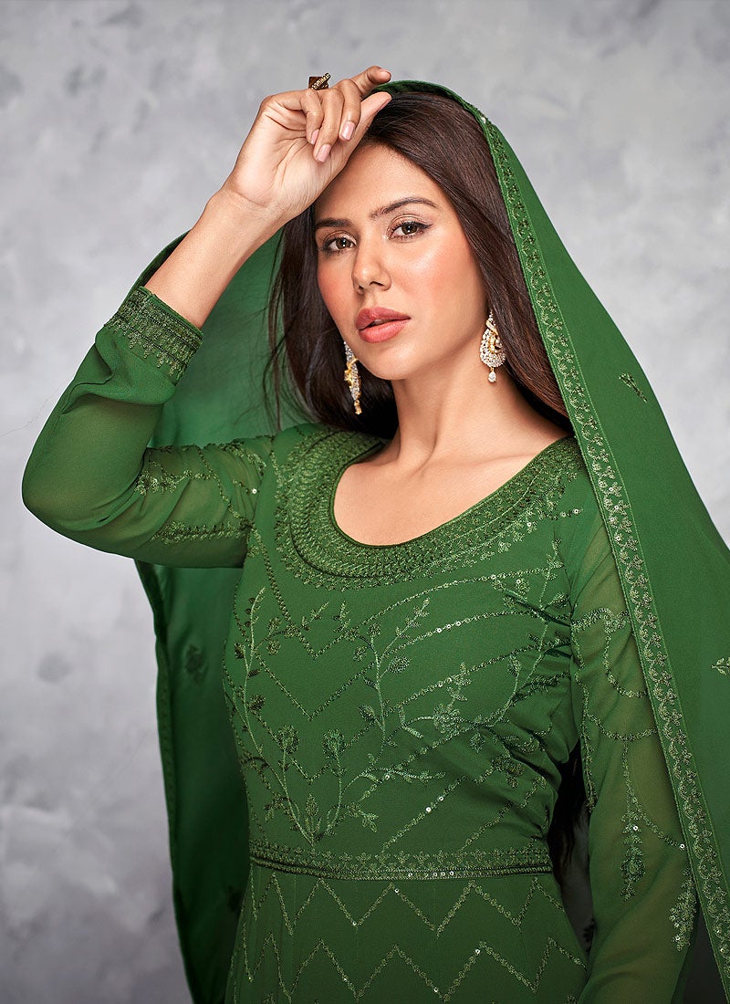 Thread Embroidered Green Georgette Anarkali Suit - Image 2