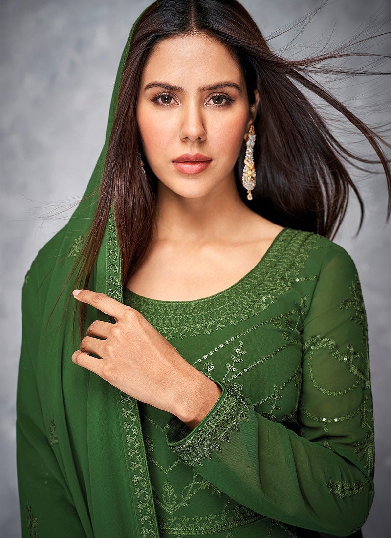 Thread Embroidered Green Georgette Anarkali Suit - Image 3