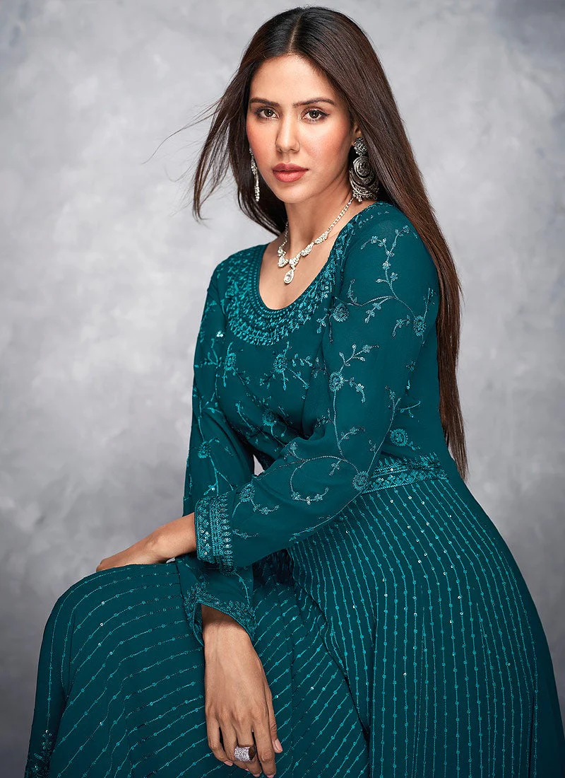 Thread Embroidered Teal Georgette Anarkali Suit - Image 2