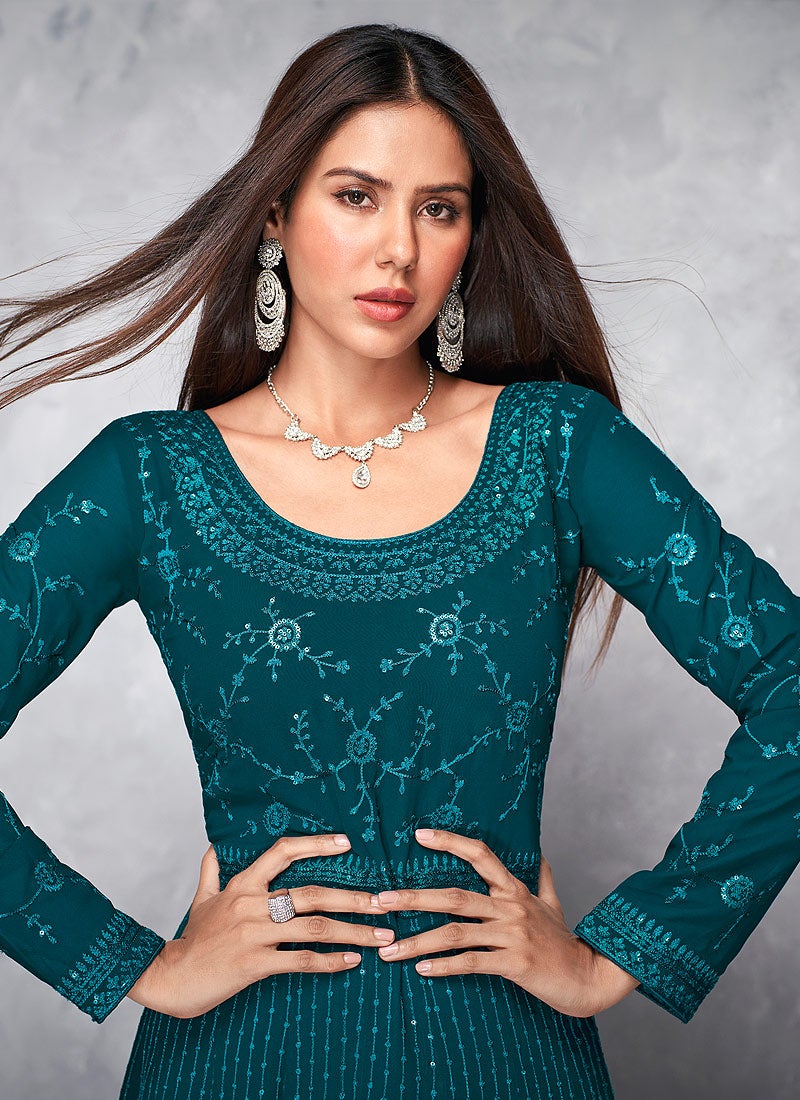 Thread Embroidered Teal Georgette Anarkali Suit - Image 3