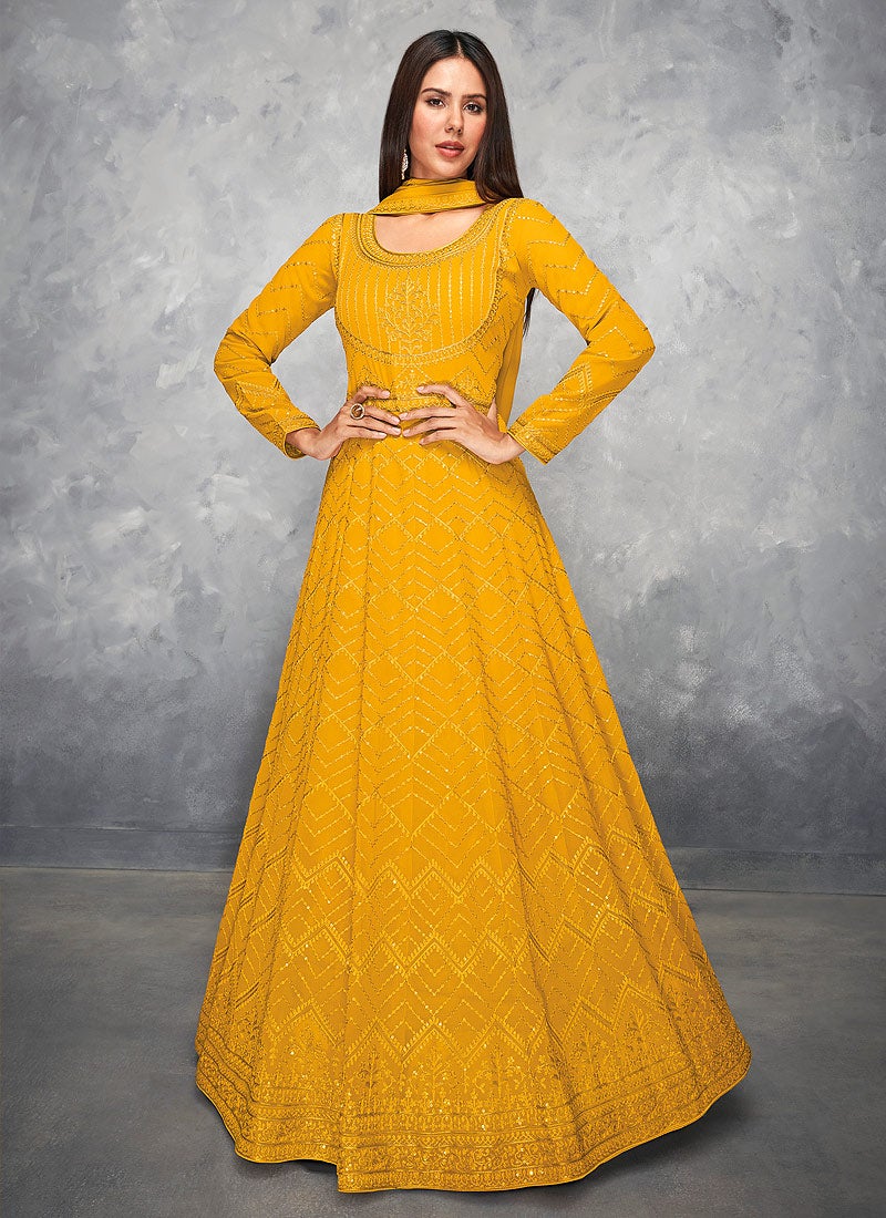 Thread Embroidered Yellow Georgette Anarkali Suit - Image 3