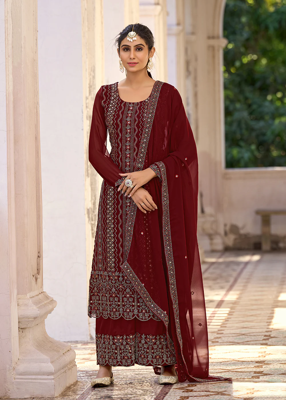 Thread & Sequins Embroidered Maroon Palazzo Salwar Suit