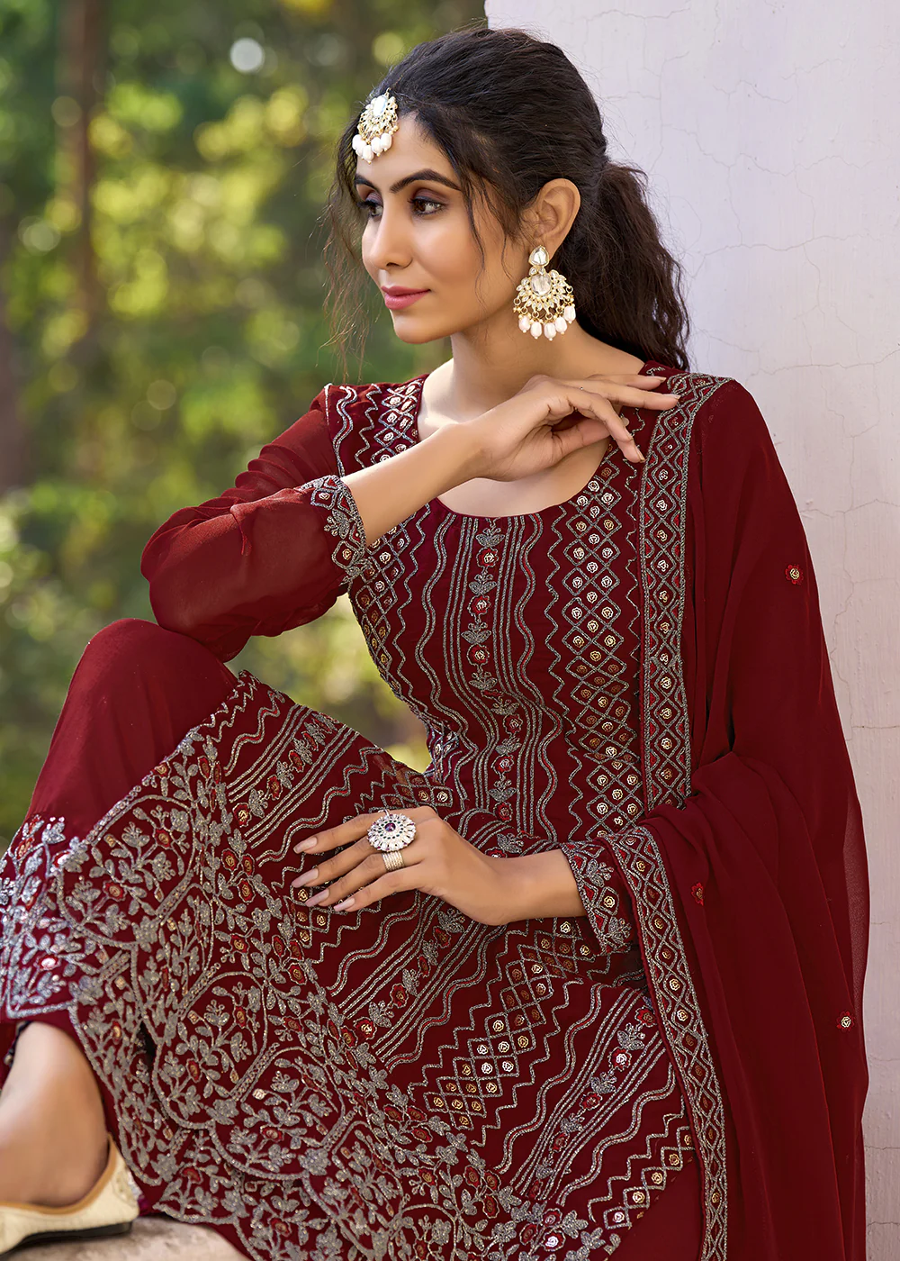 Thread & Sequins Embroidered Maroon Palazzo Salwar Suit - Image 2