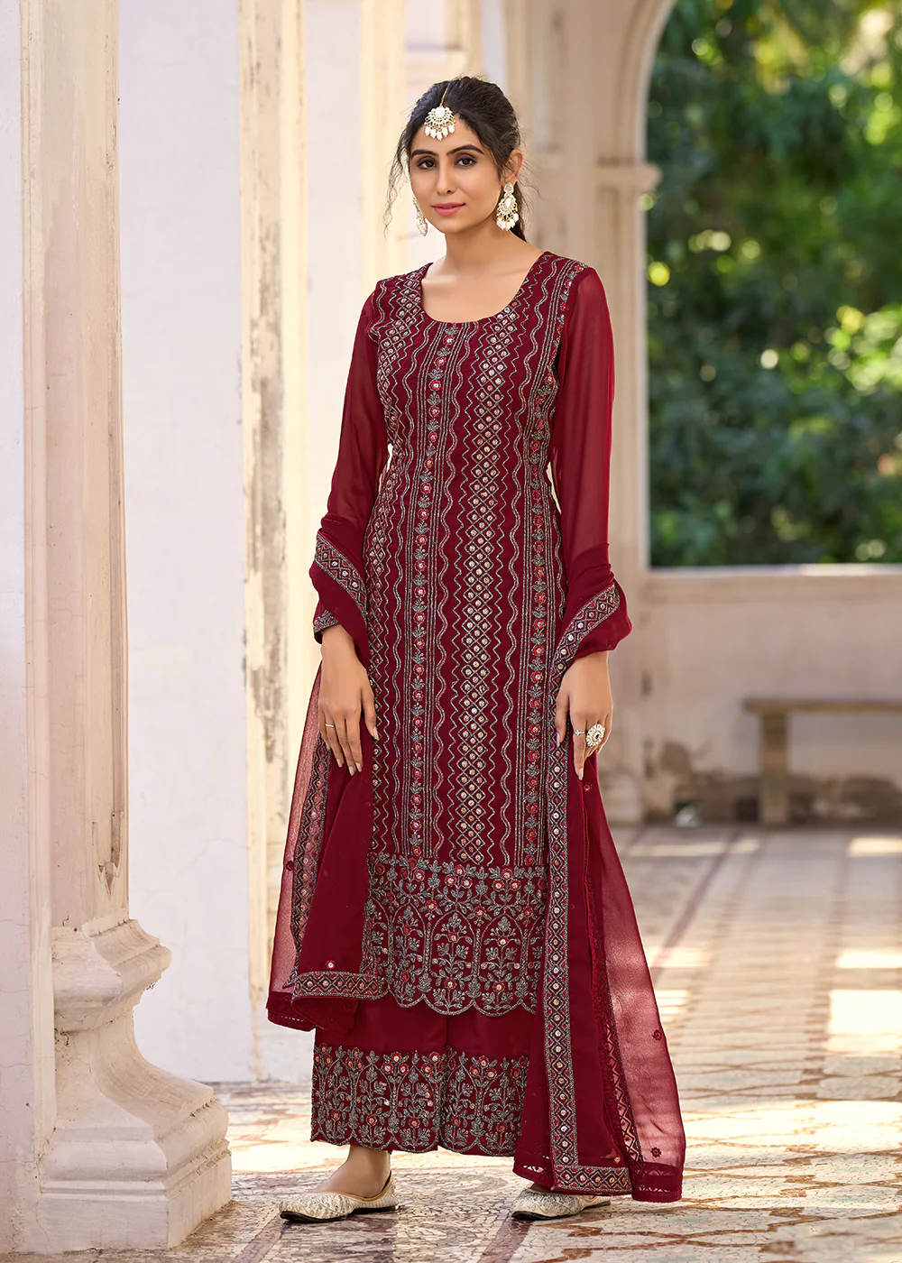 Thread & Sequins Embroidered Maroon Palazzo Salwar Suit - Image 3