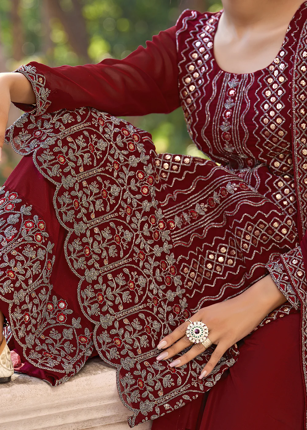 Thread & Sequins Embroidered Maroon Palazzo Salwar Suit - Image 4