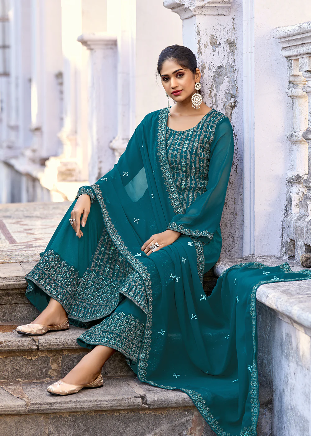 Thread & Sequins Embroidered Teal Palazzo Salwar Suit - Image 3
