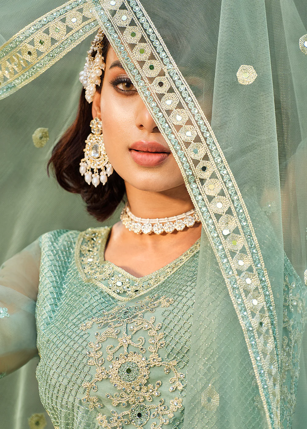 Thread Stone Embroidered Aqua Green Wedding Anarkali Suit - Image 2