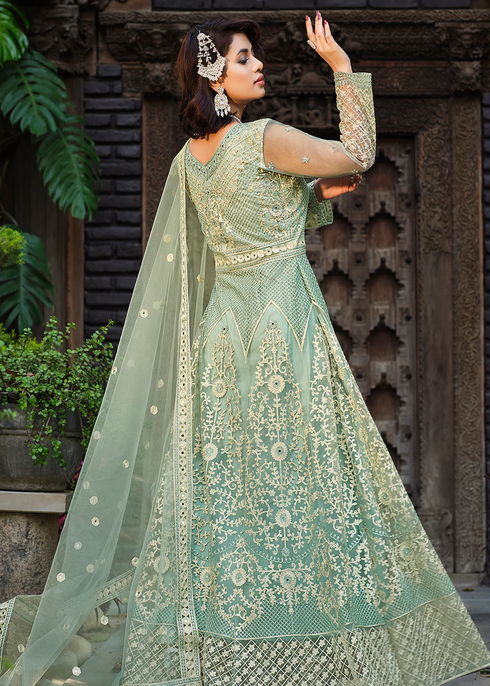 Thread Stone Embroidered Aqua Green Wedding Anarkali Suit - Image 3