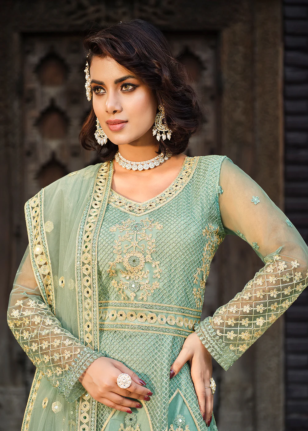 Thread Stone Embroidered Aqua Green Wedding Anarkali Suit - Image 4