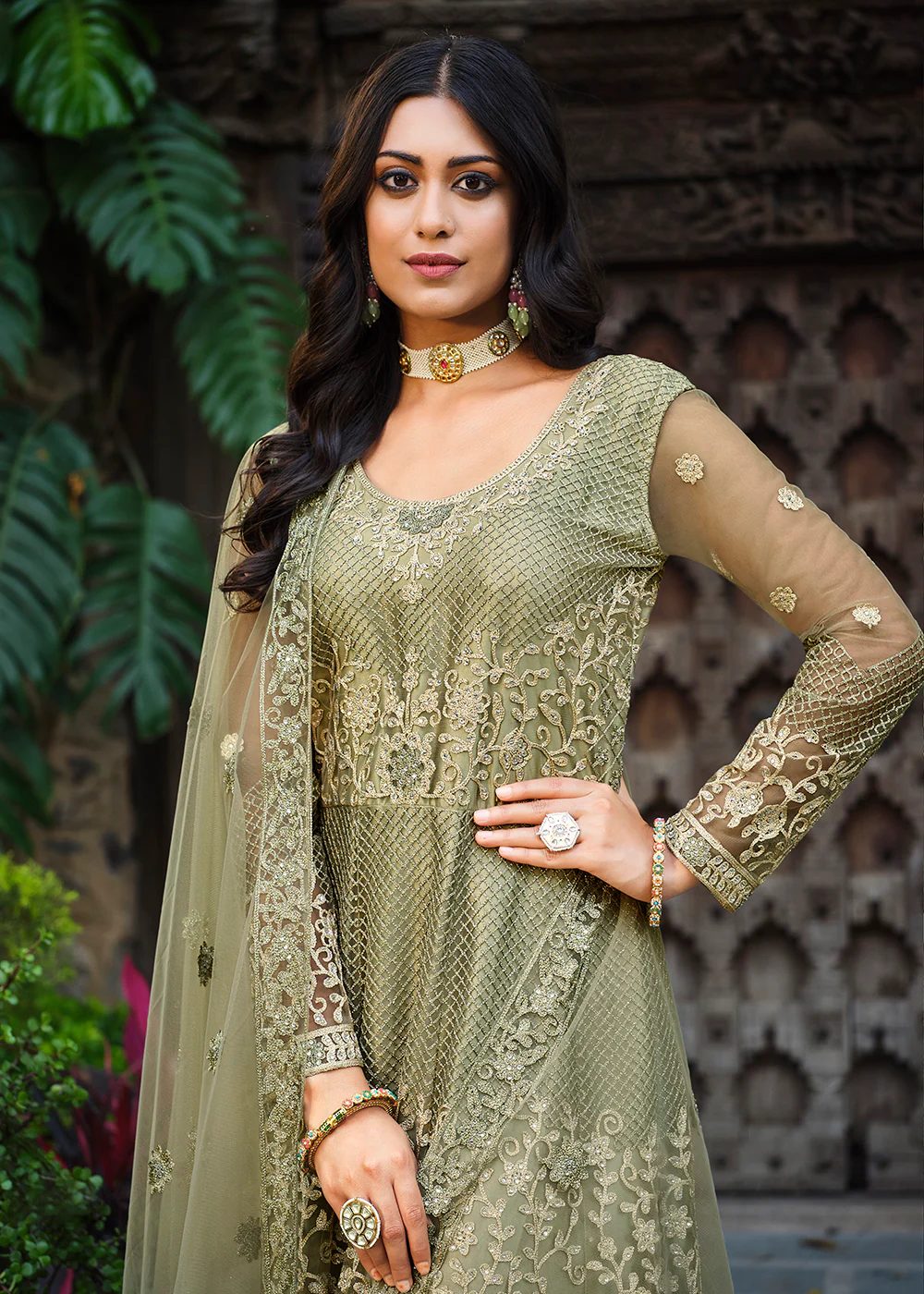 Thread Stone Embroidered Stunning Green Wedding Anarkali Suit - Image 2