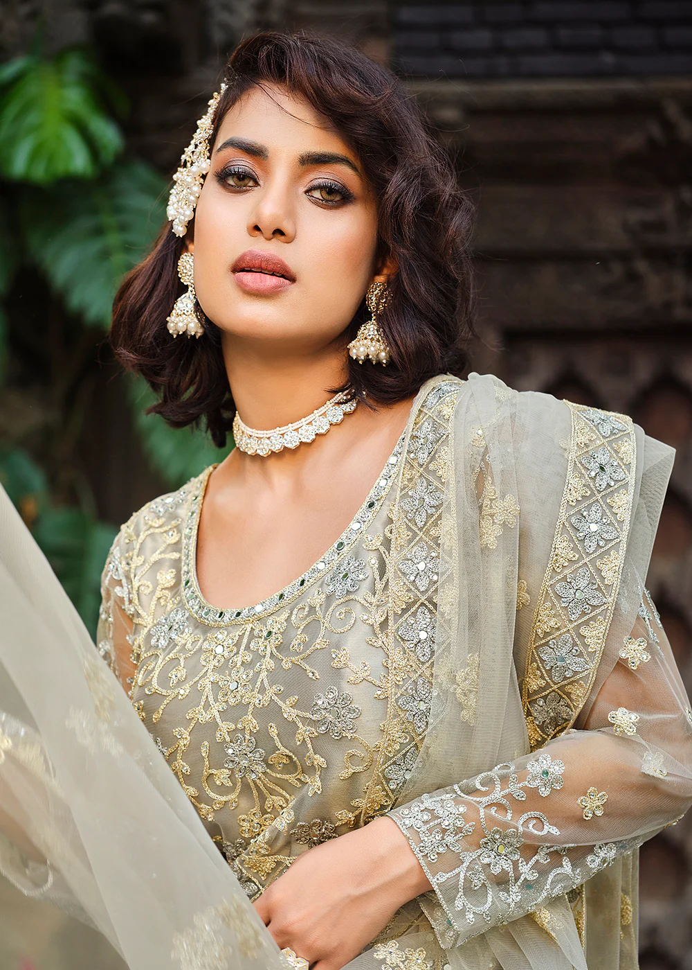 Thread Stone Embroidered Stunning Grey Wedding Anarkali Suit - Image 2