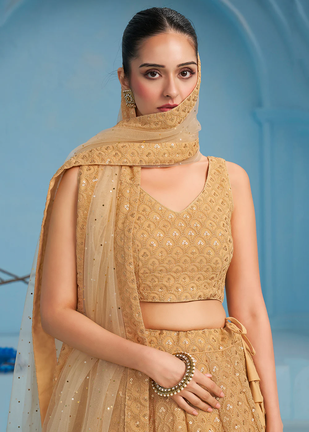 Threads & Sequins Work Beige Festive Style Lehenga Choli - Image 2