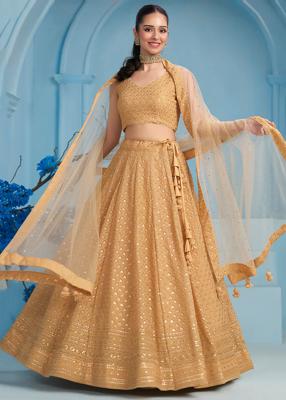 Threads & Sequins Work Beige Festive Style Lehenga Choli - Image 4