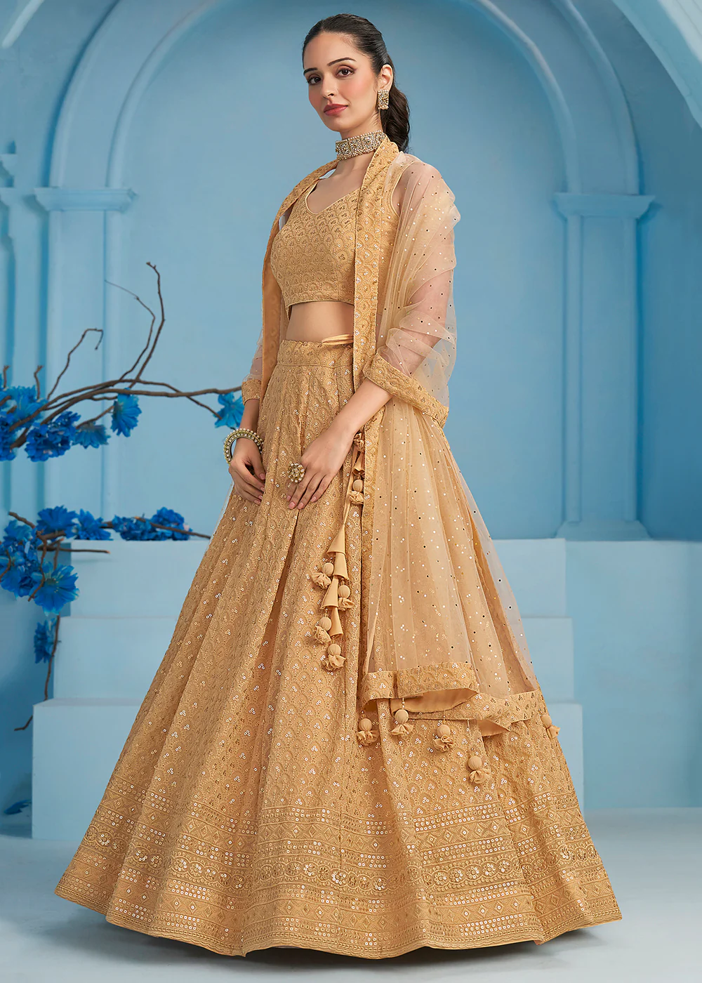 Threads & Sequins Work Beige Festive Style Lehenga Choli - Image 7