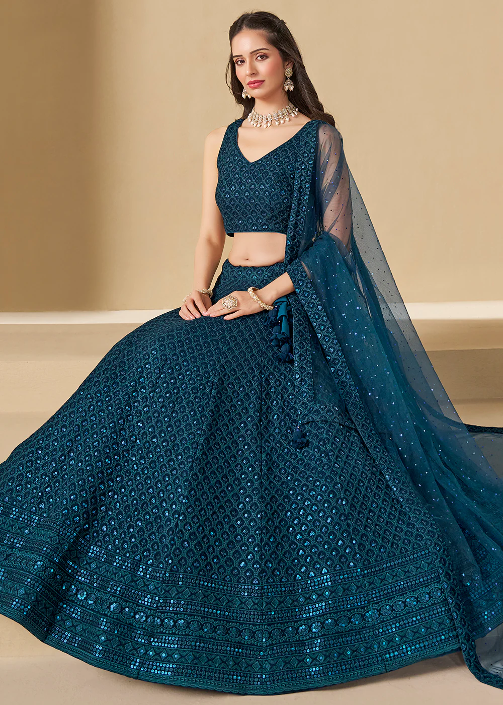 Threads & Sequins Work Blue Festive Style Lehenga Choli - Image 4