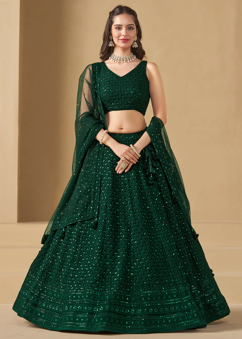 Threads & Sequins Work Green Festive Style Lehenga Choli