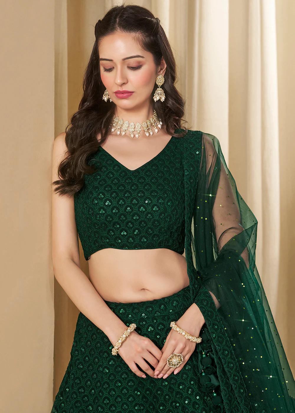 Threads & Sequins Work Green Festive Style Lehenga Choli - Image 2