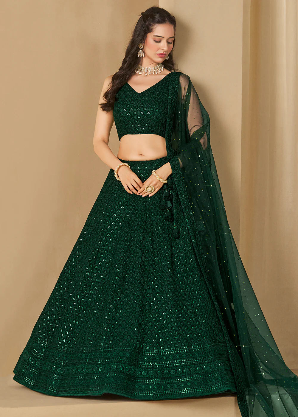 Threads & Sequins Work Green Festive Style Lehenga Choli - Image 4