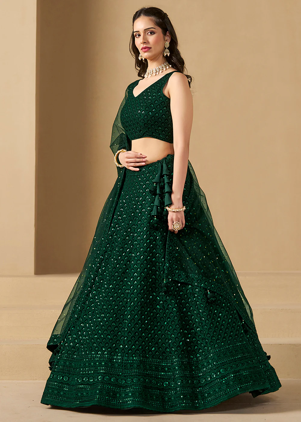 Threads & Sequins Work Green Festive Style Lehenga Choli - Image 5