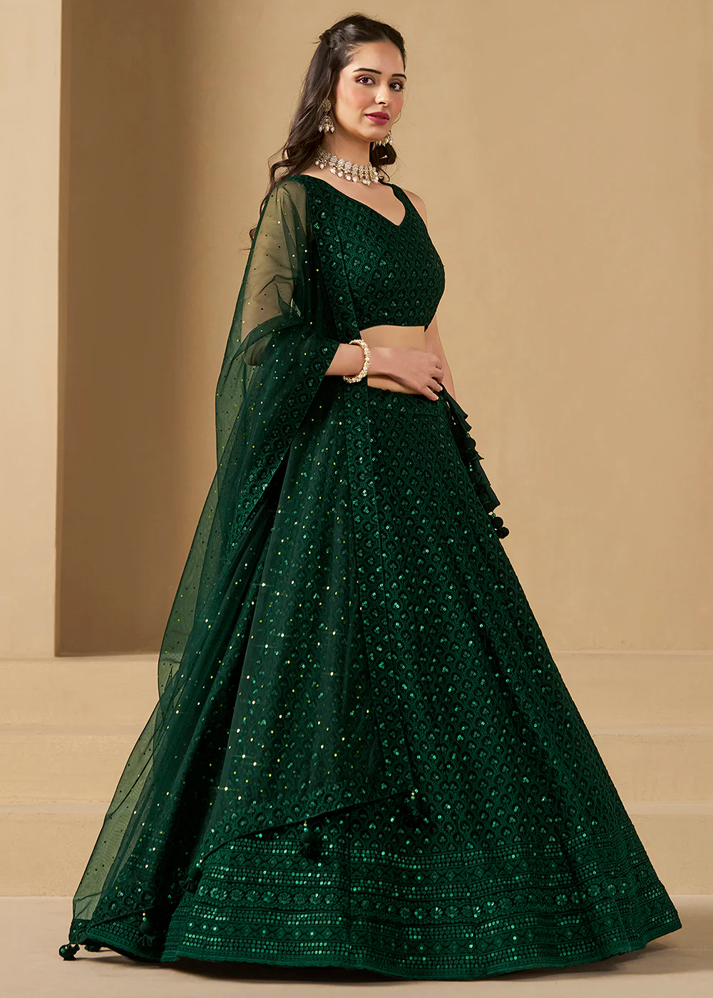 Threads & Sequins Work Green Festive Style Lehenga Choli - Image 6