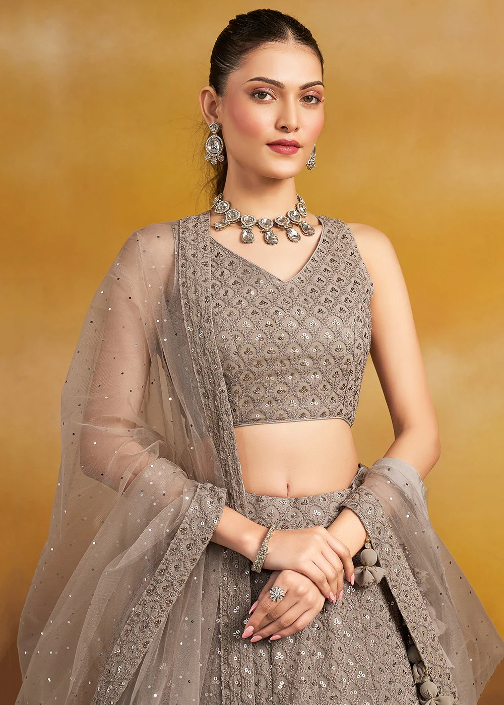Threads & Sequins Work Grey Festive Style Lehenga Choli - Image 2