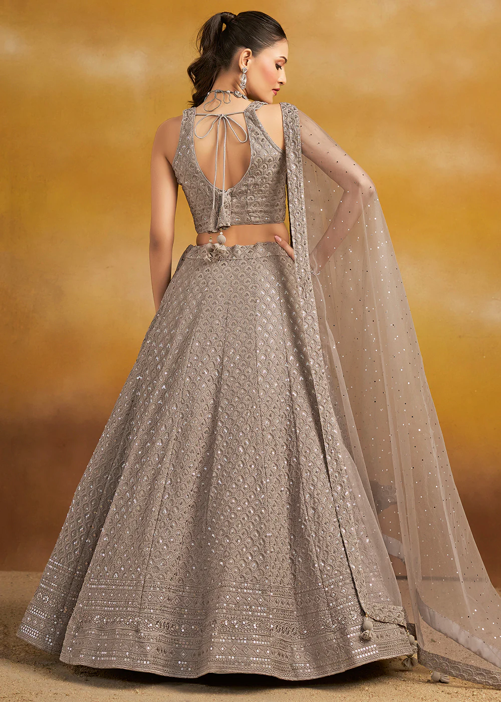 Threads & Sequins Work Grey Festive Style Lehenga Choli - Image 3