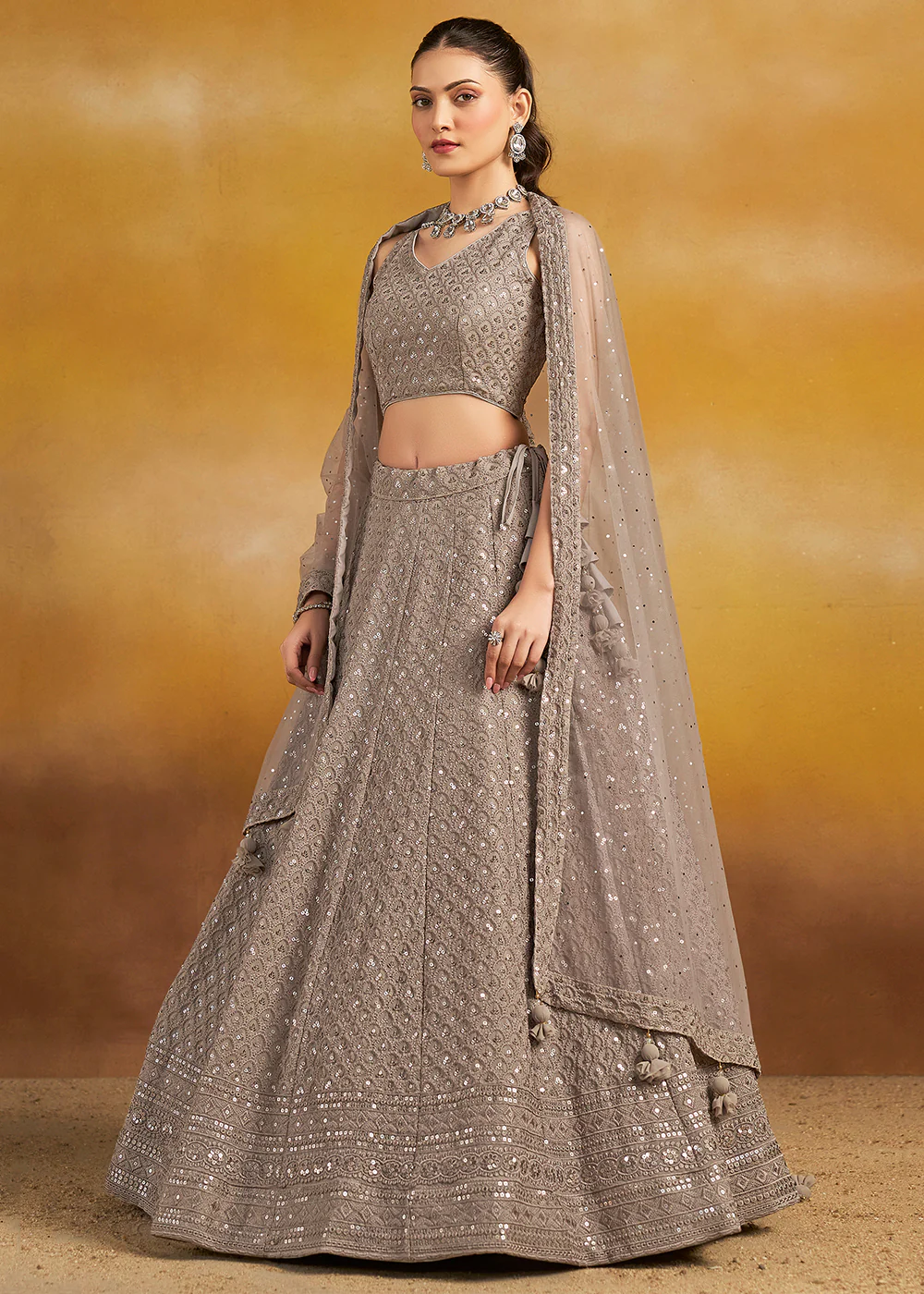 Threads & Sequins Work Grey Festive Style Lehenga Choli - Image 5