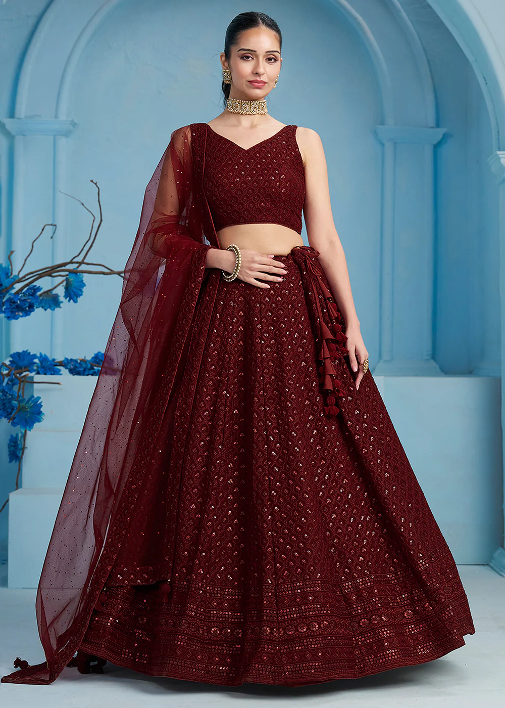 Threads & Sequins Work Maroon Festive Style Lehenga Choli