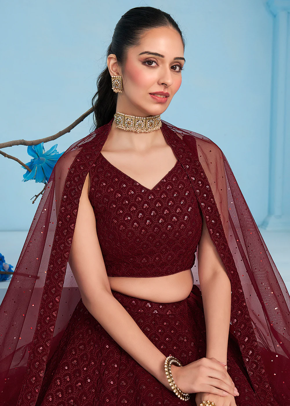 Threads & Sequins Work Maroon Festive Style Lehenga Choli - Image 2