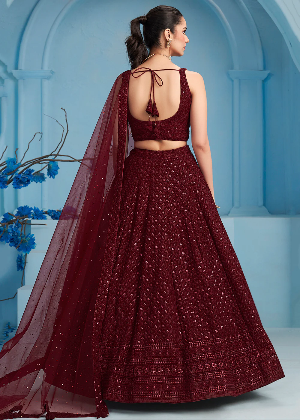 Threads & Sequins Work Maroon Festive Style Lehenga Choli - Image 3