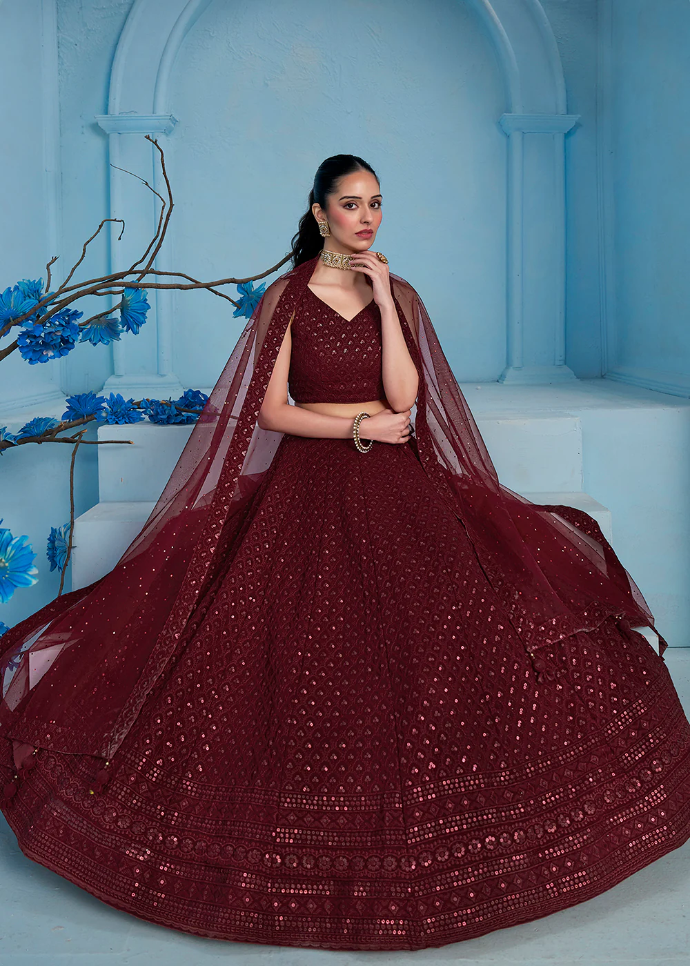 Threads & Sequins Work Maroon Festive Style Lehenga Choli - Image 4