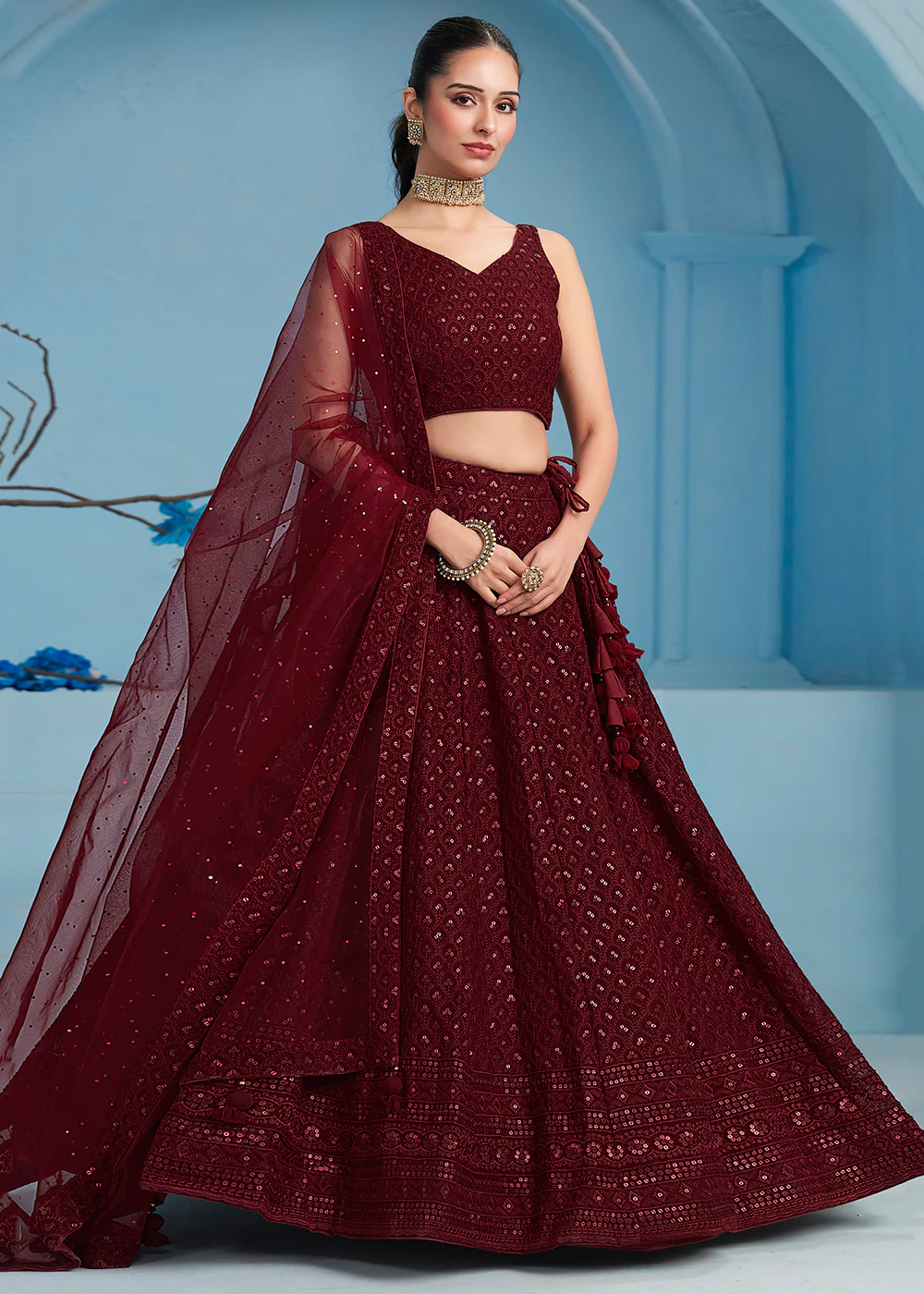 Threads & Sequins Work Maroon Festive Style Lehenga Choli - Image 5