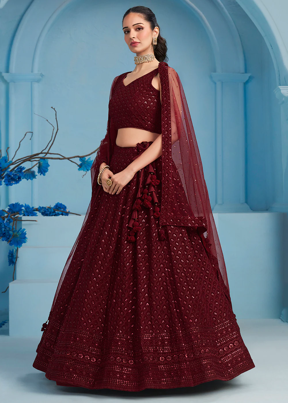 Threads & Sequins Work Maroon Festive Style Lehenga Choli - Image 6