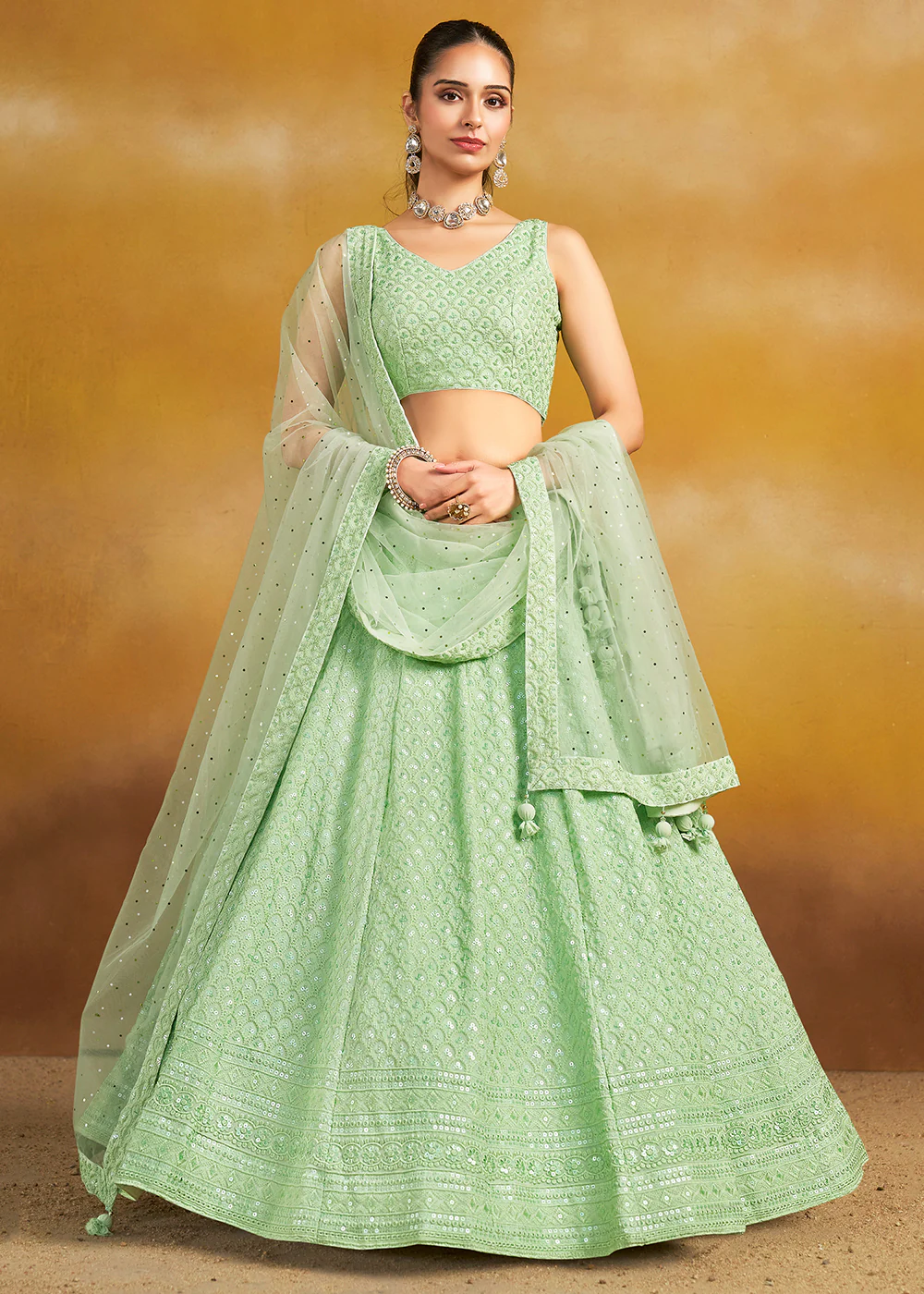 Threads & Sequins Work Mint Festive Style Lehenga Choli