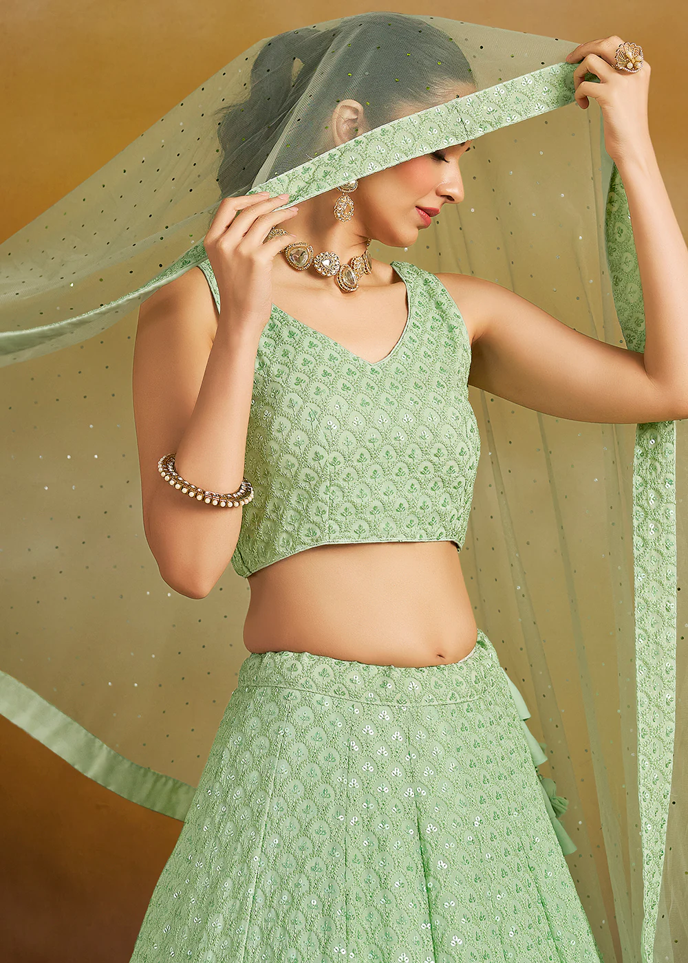 Threads & Sequins Work Mint Festive Style Lehenga Choli - Image 2