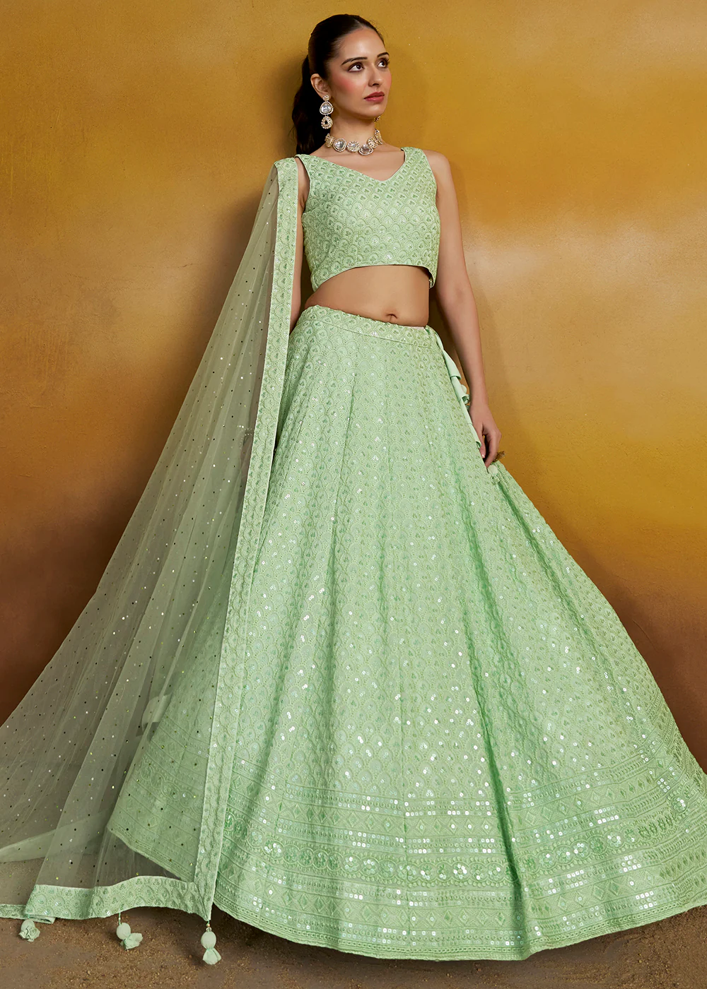 Threads & Sequins Work Mint Festive Style Lehenga Choli - Image 4