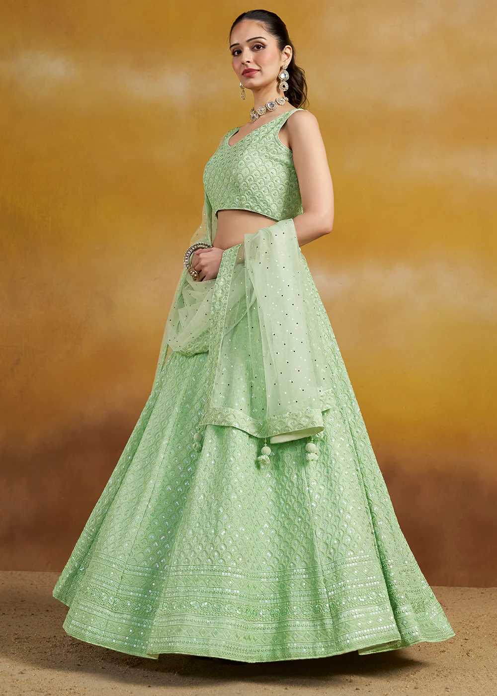 Threads & Sequins Work Mint Festive Style Lehenga Choli - Image 5