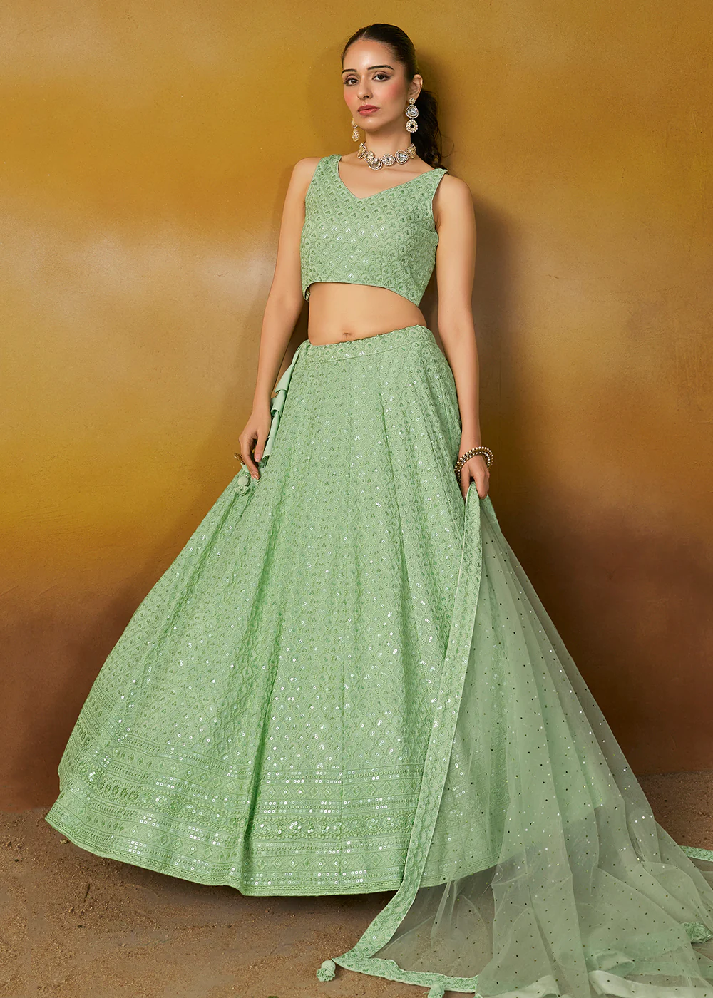 Threads & Sequins Work Mint Festive Style Lehenga Choli - Image 6