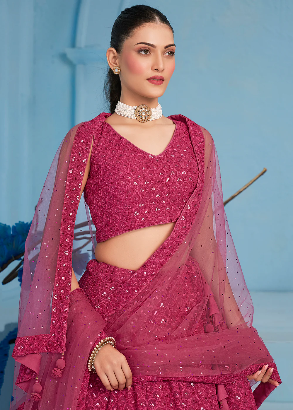 Threads & Sequins Work Pink Festive Style Lehenga Choli - Image 2
