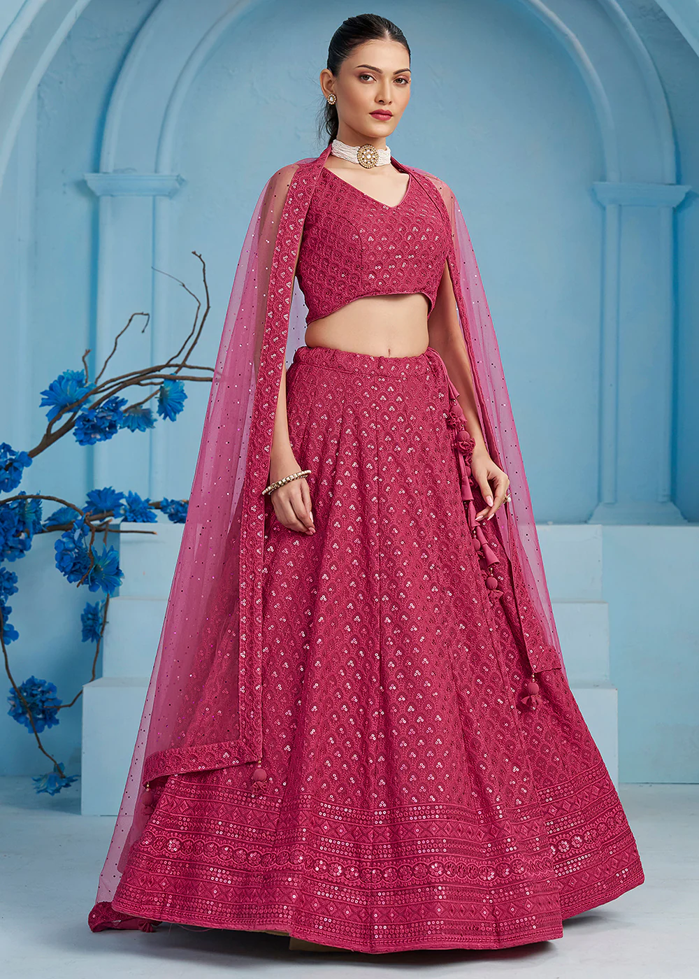Threads & Sequins Work Pink Festive Style Lehenga Choli - Image 5