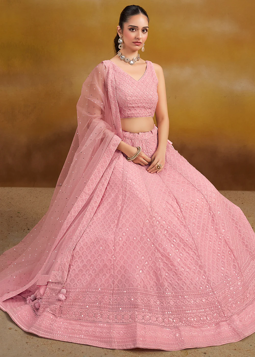Threads & Sequins Work Pink Festive Style Lehenga Choli - Image 4
