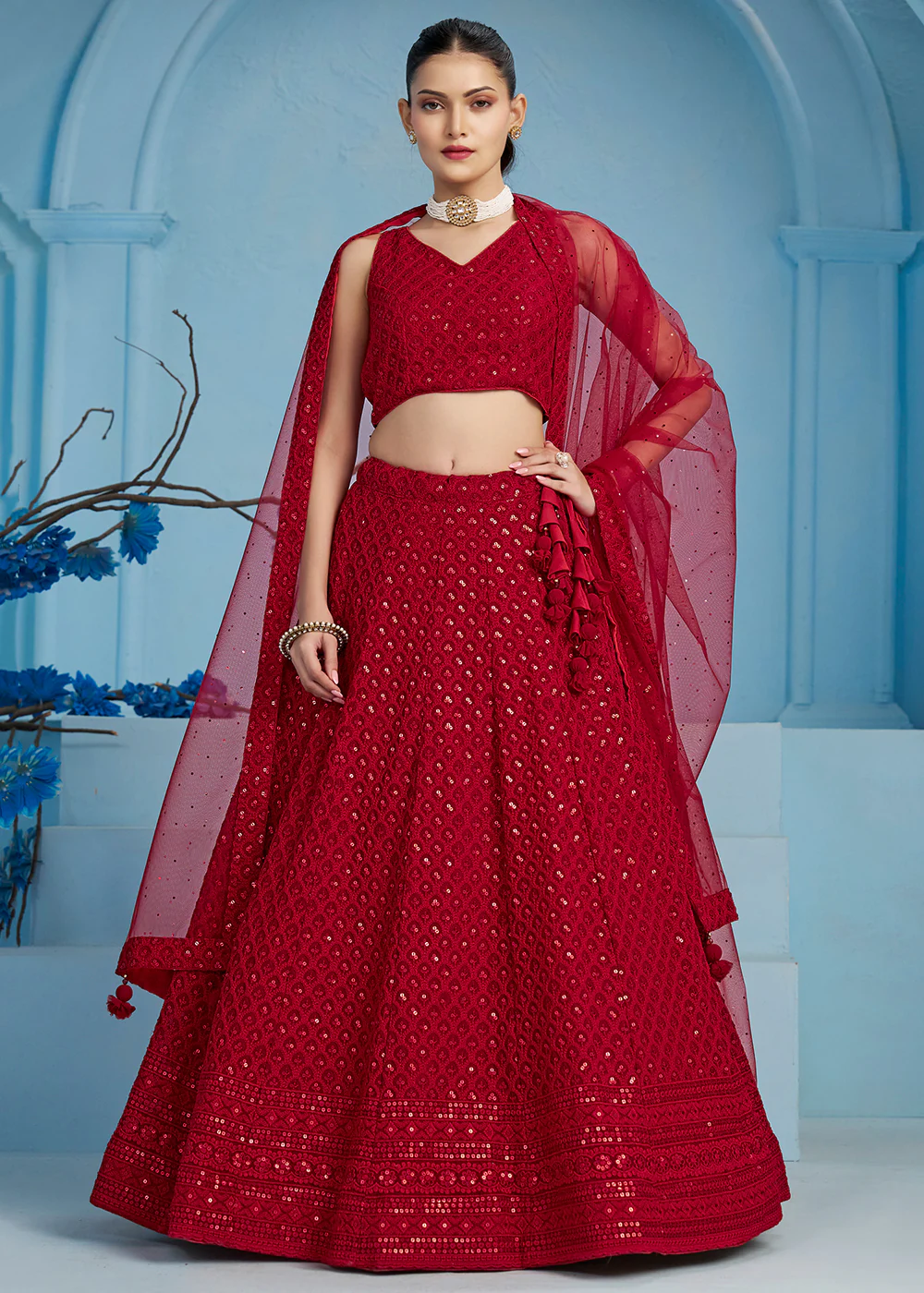 Threads & Sequins Work Red Festive Style Lehenga Choli