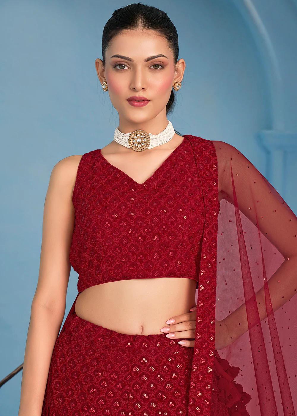 Threads & Sequins Work Red Festive Style Lehenga Choli - Image 2